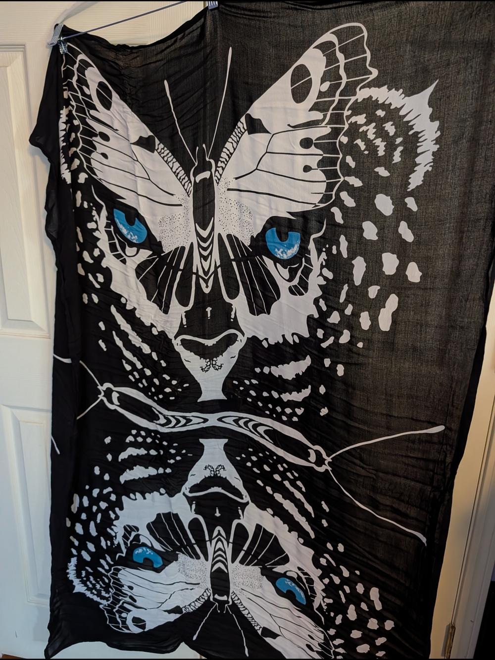 Limited Jonny Cota Black and White Butterfly-Cat Print Scarf with Blue Accents